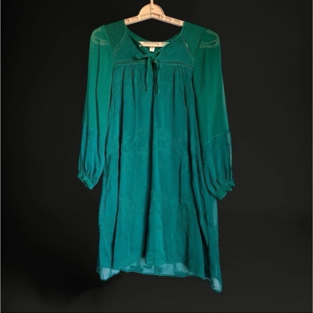 Anthropologie Tiny Women Sz XS Dress Green Boho Embroidered Luisa Swing Peasant